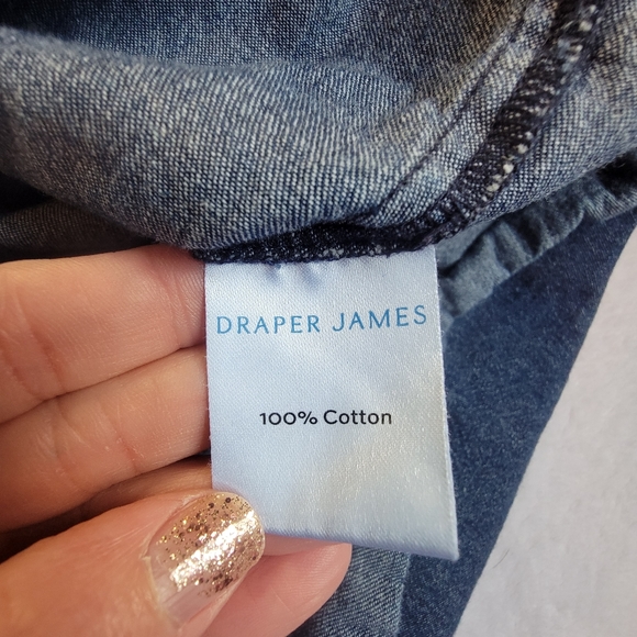 Draper James Split V-Neck Ruffle Trim Chambray Denim Shirt Blouse Top M Naisha - Picture 7 of 12